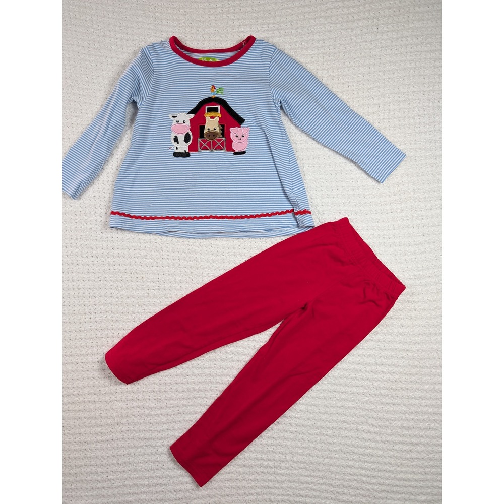 Girls‎ Size 3 Farm Animals Barn Striped Shirt Red Leggings Outfit Set Cow Pig